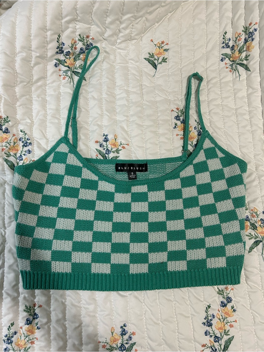 Blue Blush Green and White Checkered Knit Cropped Cami